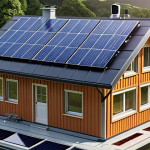 A house with solar panels on the roof, showcasing a smart energy management system interface on a smartphone, emphasizing energy independence.