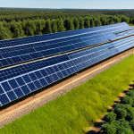 A wide-angle professional photograph capturing a modern, responsibly designed solar farm. The panels are seamlessly integrated into a vibrant, natural landscape, featuring lush native vegetation and a small, clear ecological pond designed to promote biodiversity. The setting embodies a harmonious coexistence between sustainable clean energy technology and the environment, under a bright, clear sky. Fully clothed, appropriate content, safe for work, family-friendly, perfect anatomy, correct proportions, professional photography, high quality, modest.