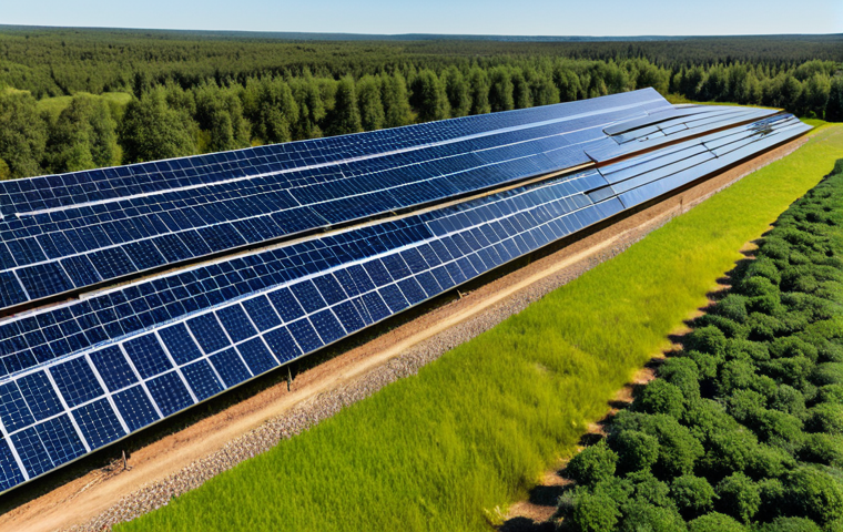 A wide-angle professional photograph capturing a modern, responsibly designed solar farm. The panels are seamlessly integrated into a vibrant, natural landscape, featuring lush native vegetation and a small, clear ecological pond designed to promote biodiversity. The setting embodies a harmonious coexistence between sustainable clean energy technology and the environment, under a bright, clear sky. Fully clothed, appropriate content, safe for work, family-friendly, perfect anatomy, correct proportions, professional photography, high quality, modest.