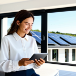 A content woman, fully clothed in a modest, comfortable blouse and slacks, sitting in a bright, modern living room. She is holding a tablet, which displays a clear and intuitive energy monitoring app interface showing solar power generation and electricity bill savings. Through a large window in the background, a neat residential rooftop with newly installed, high-efficiency solar panels is visible under a clear sky. The scene evokes a sense of satisfaction and modern living, appropriate content, perfect anatomy, correct proportions, natural pose, well-formed hands, proper finger count, family-friendly, professional photography, high quality, safe for work.