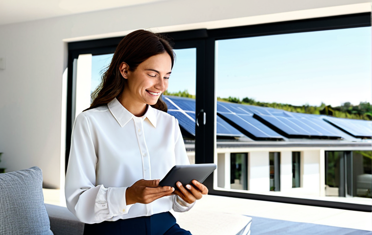 A content woman, fully clothed in a modest, comfortable blouse and slacks, sitting in a bright, modern living room. She is holding a tablet, which displays a clear and intuitive energy monitoring app interface showing solar power generation and electricity bill savings. Through a large window in the background, a neat residential rooftop with newly installed, high-efficiency solar panels is visible under a clear sky. The scene evokes a sense of satisfaction and modern living, appropriate content, perfect anatomy, correct proportions, natural pose, well-formed hands, proper finger count, family-friendly, professional photography, high quality, safe for work.