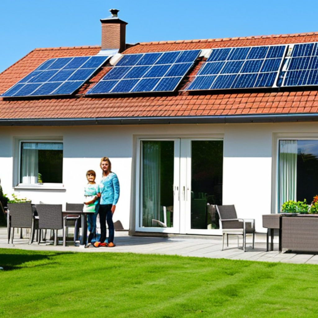 Family-Friendly Home with Solar Panels**
"A modest family home with solar panels on the roof, surrounded by a green lawn and garden, bright sunny day, clear blue sky, fully clothed family members visible in the background, appropriate content, safe for work, perfect anatomy, correct proportions, natural pose, professional photography, high quality, family-friendly, modest, professional."
**