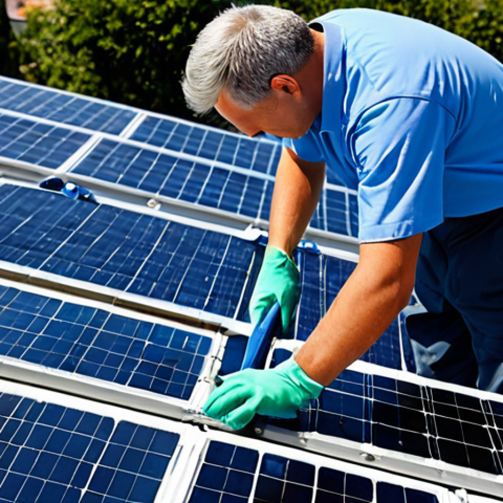 태양광 발전 설치 후 유지 관리 비용 절감 방법 - Solar Panel Cleaning**

"A technician in professional attire cleaning solar panels on a rooftop with...