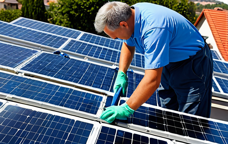 태양광 발전 설치 후 유지 관리 비용 절감 방법 - Solar Panel Cleaning**
"A technician in professional attire cleaning solar panels on a rooftop with...