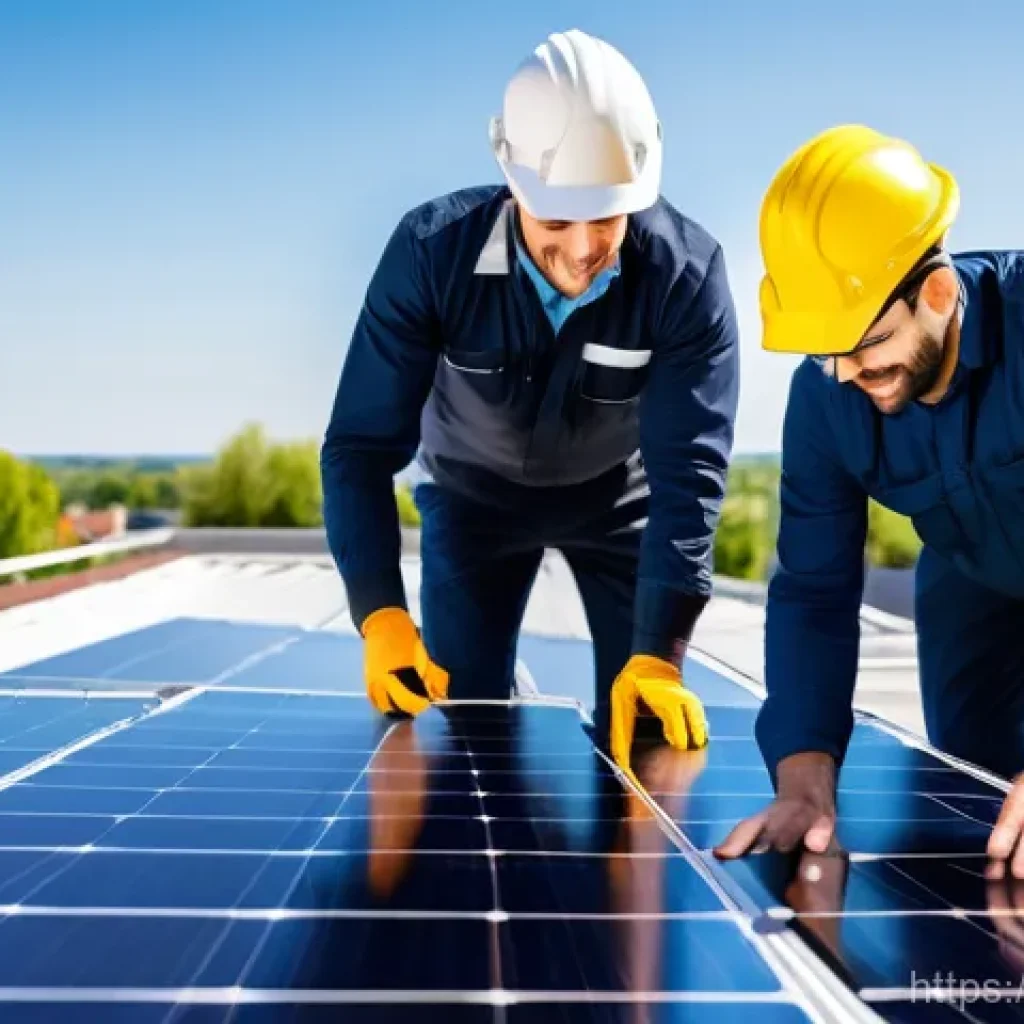 태양광 발전 설치 시 주의해야 할 점 - A team of two professional solar energy technicians, wearing safety helmets and harnesses, meticulou...