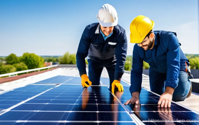 태양광 발전 설치 시 주의해야 할 점 - A team of two professional solar energy technicians, wearing safety helmets and harnesses, meticulou...