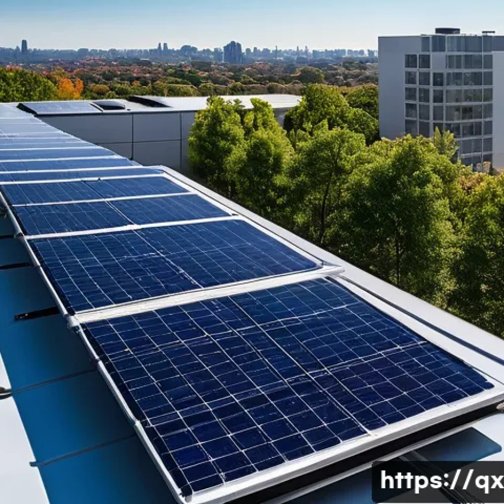 태양광 패널 설치 방법 - A detailed rooftop solar panel installation on a modern residential building, panels tilted at an op...