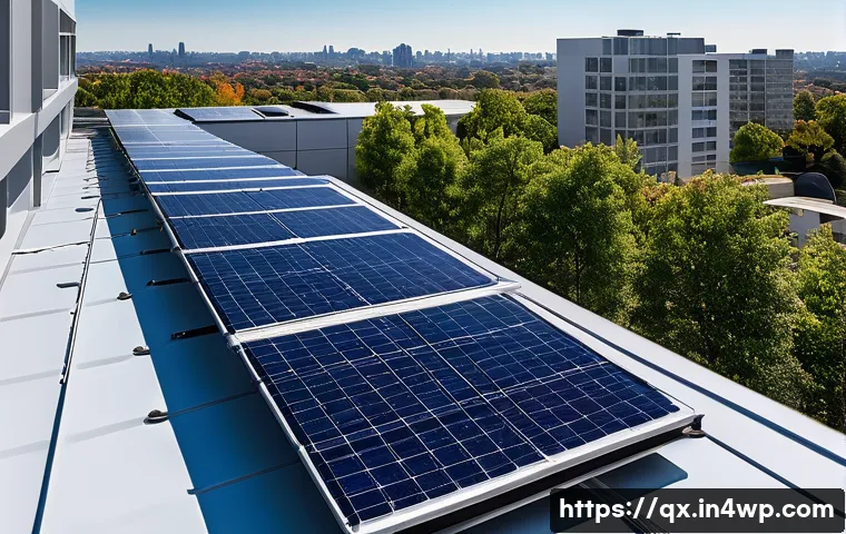 태양광 패널 설치 방법 - A detailed rooftop solar panel installation on a modern residential building, panels tilted at an op...