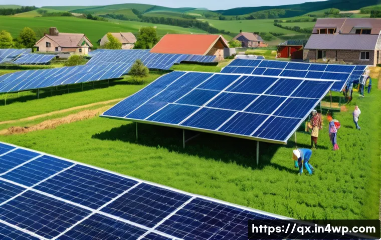 태양광 발전 설치를 위한 정부 지원 정책 - A vibrant village scene showcasing a community solar power project, with diverse residents including...