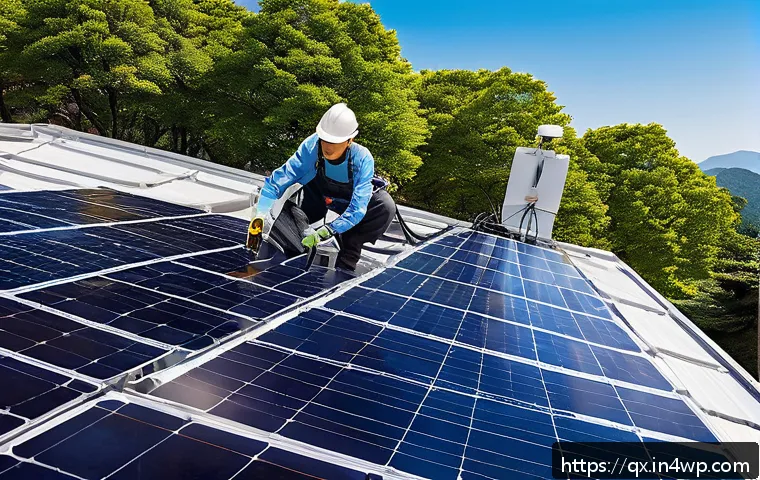 태양광 발전 설치 후 전력사용 효율 개선 방법 - A detailed rooftop solar panel installation scene during a bright sunny day, showing multiple solar ...