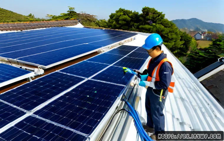 Home 17 태양광 발전 설치 후 유지보수 방법 - Photorealistic rooftop solar panel maintenance scene, professional technician in clean safety helmet...
