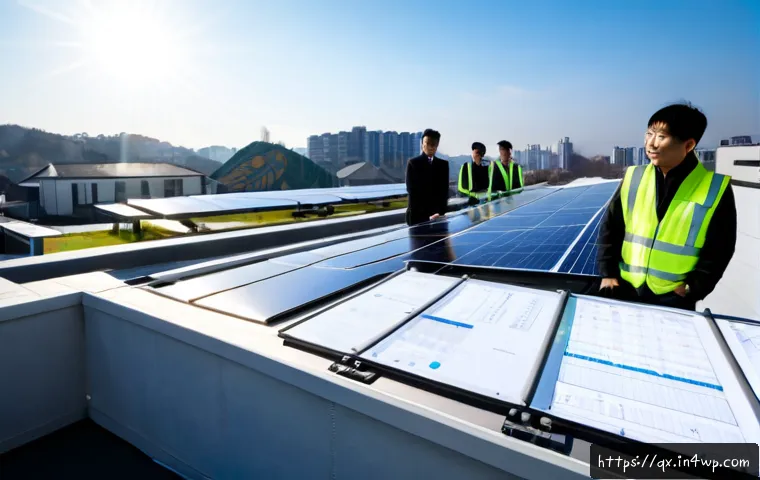 태양광 발전 설치 시 에너지 정책 변화의 필요성 - Photorealistic wide-angle view of a modern rooftop solar installation overlooking a clean suburban n...