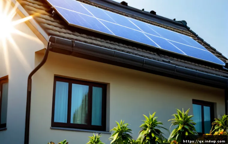 태양광 발전 설치 후 에너지 자급률 변화 - Photorealistic suburban home with a newly installed rooftop solar panel array, low-angle morning sun...